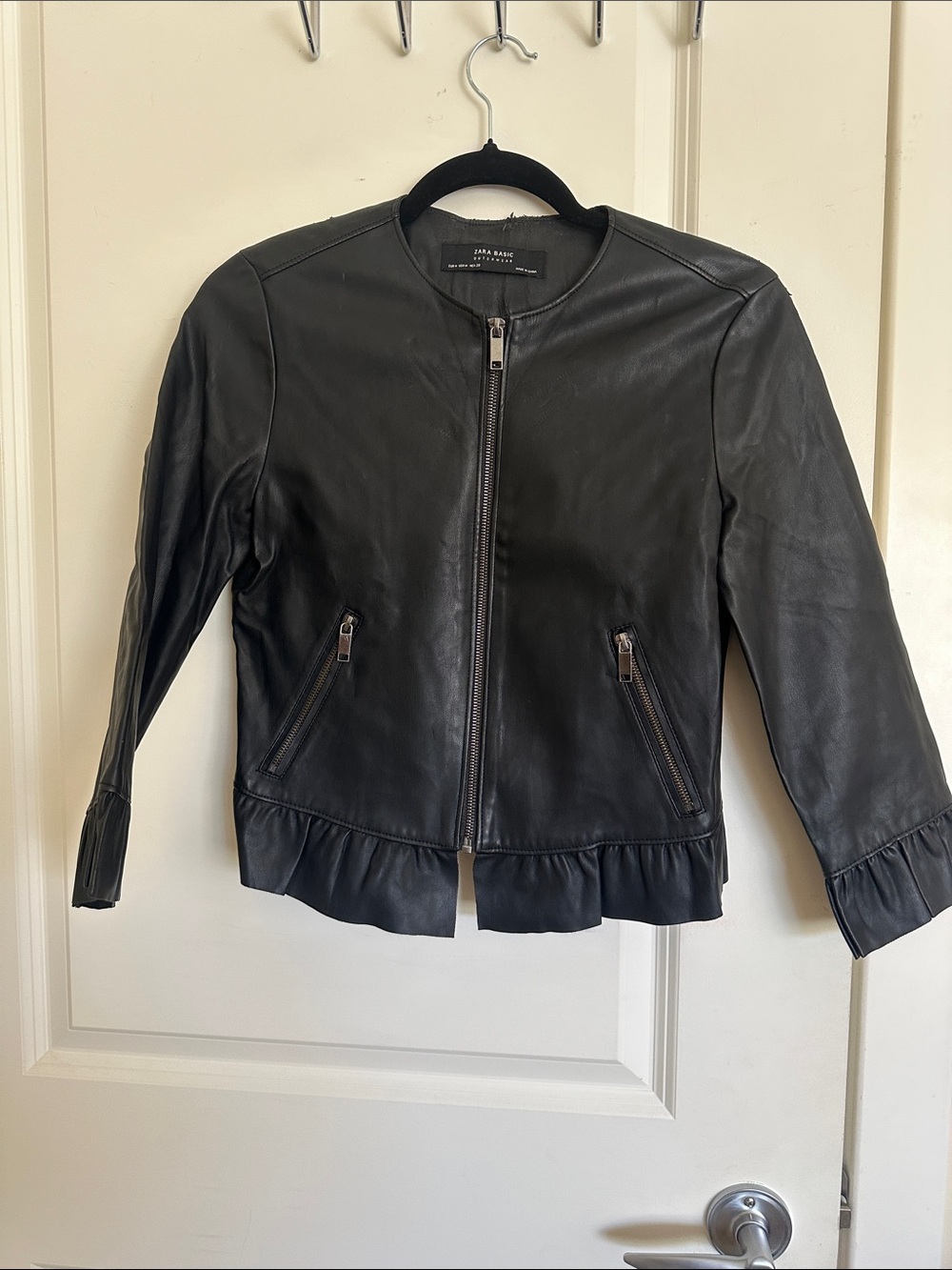 Zara Black Leather Ruffle-Hem Zip Jacket